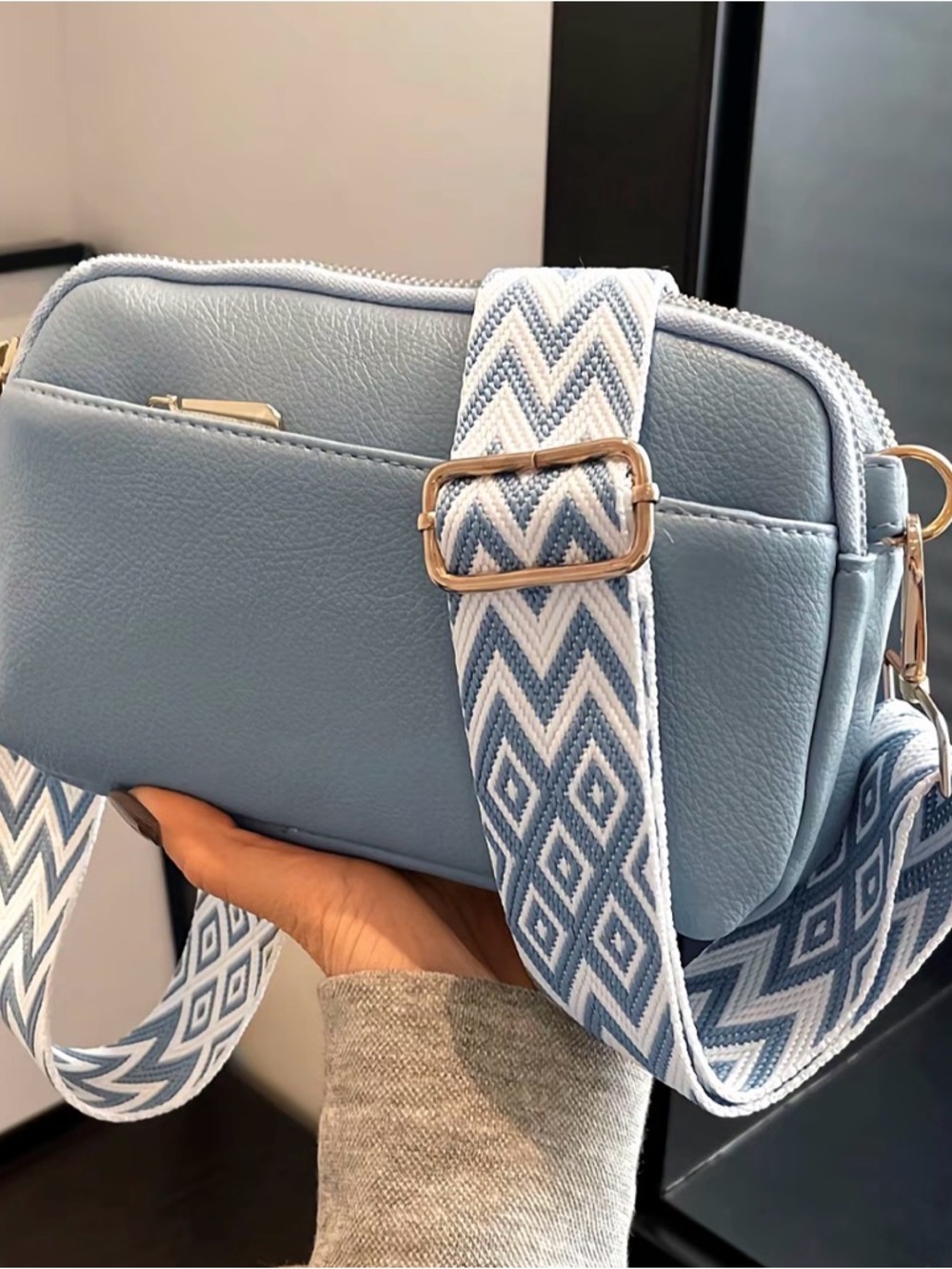 Sky Blue Crossbody Bag with Patterned Strap